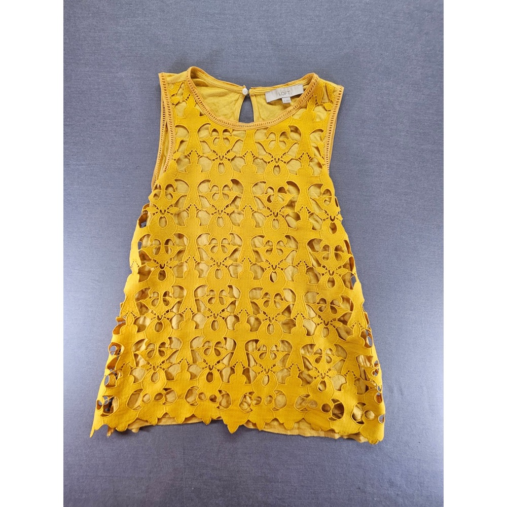 LOFT Mustard Yellow Eyelet Laser Cut Sleeveless Shell Top Blouse Size M